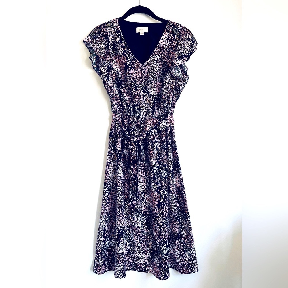 NEW XS LOFT Floral Ruffled A-line Midi Dress